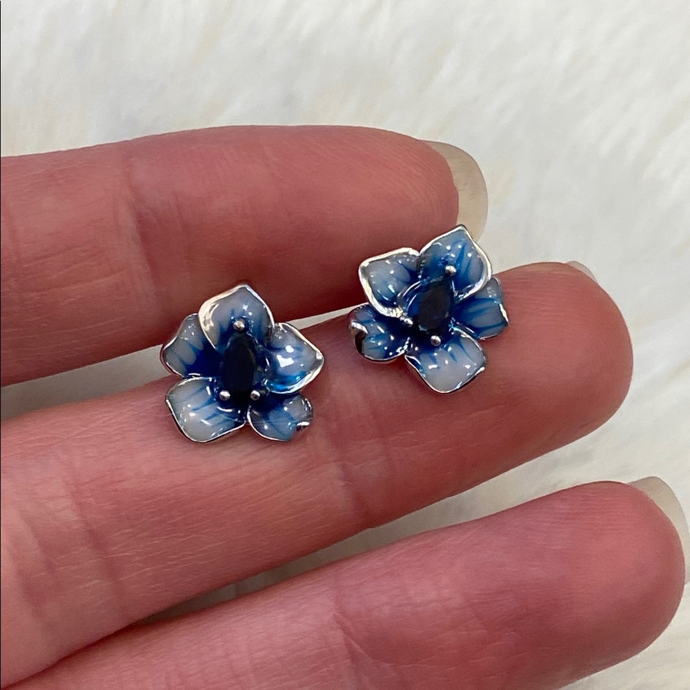 Sapphire Enamel Floral Earrings - Picture 6 of 6